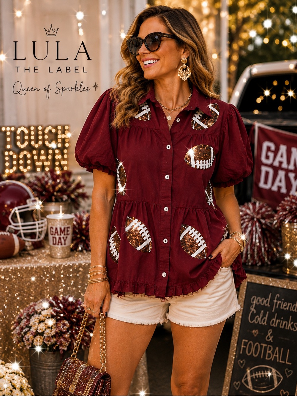 Maroon Football Print Puff Sleeve Blouse
